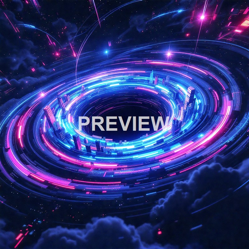 A futuristic digital cityscape with glowing neon lights forming a vortex shape against a starry sky and clouds.